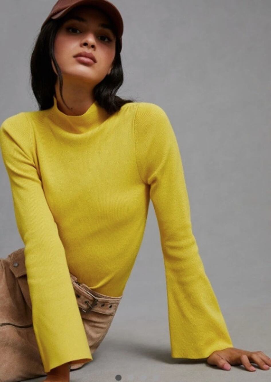 Anthropologie Maeve Arlowe Belle Sleeve Yellow Turtleneck Sweater-Size Small